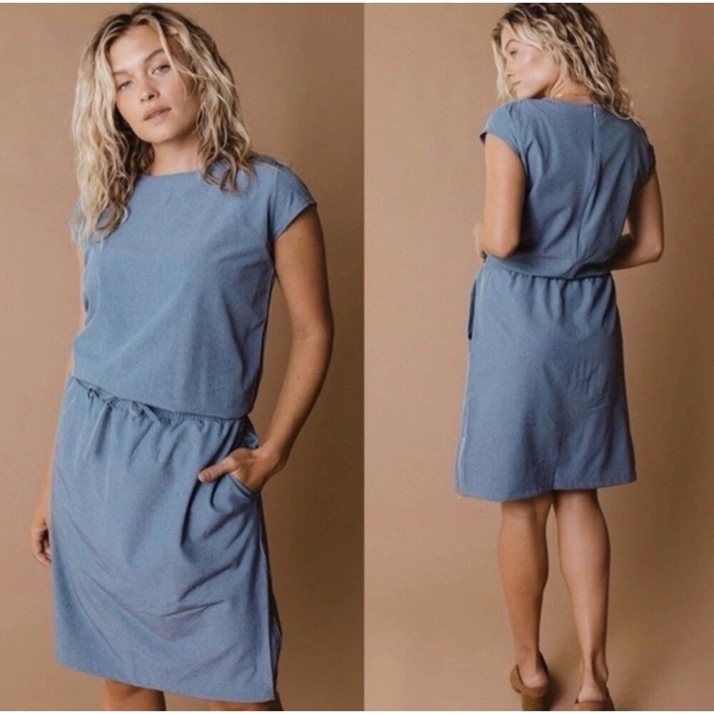 Albion Dusty Blue Short Sleeve Midi Dress with Drawstring Waist
